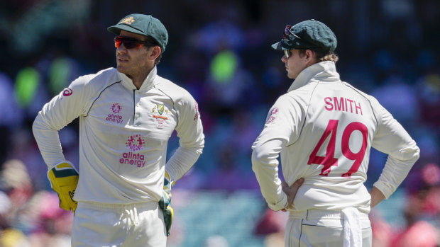 What impact will the re-emergence of the Sanderpapergate scandal have on Steve Smith’s (right) bid to return as skipper when Tim Paine steps down?