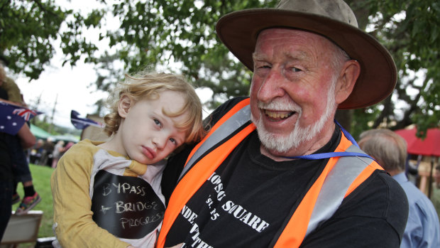 Harry Terry with his grandson, also Harry, at a protest concert at Thompson Square in 2014.