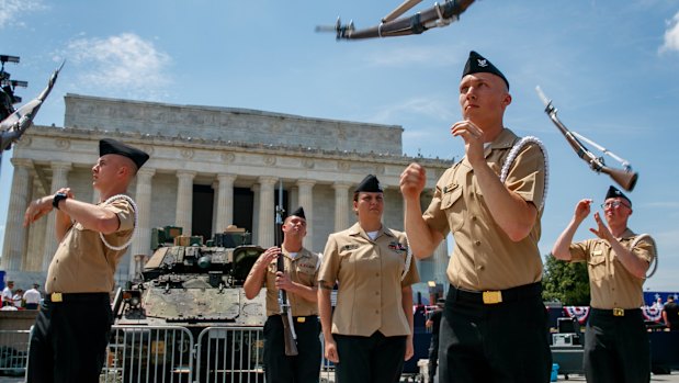 Soldiers practice ahead of planned Fourth of July festivities with President Donald Trump.