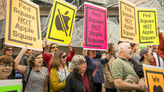 A protest in February against the proposed Apple store at Federation Square.