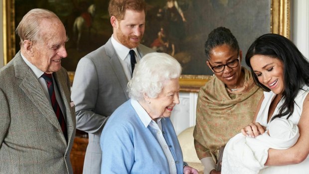Prince Harry and Meghan, joined by her mother Doria Ragland, show their new son to Queen Elizabeth II and Prince Philip.