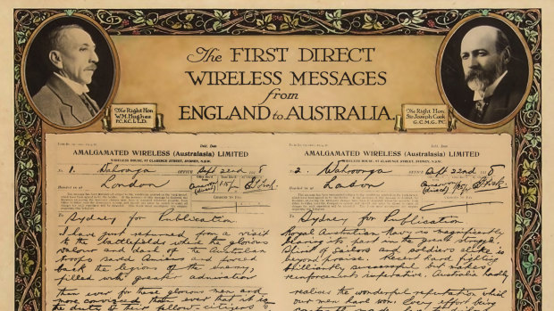 Commemorative certificate of PM Billy Hughes and Joseph Cook's first wireless message, 1918.