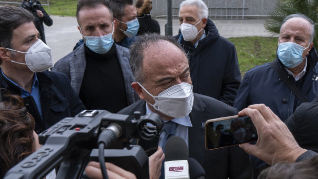 Anti-mafia Prosecutor Nicola Gratteri speaks to the media outside the bunker in Calabria where the mass-trial has begun. 