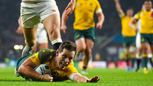 Bernard Foley scores a second try in the Wallabies’ win over England in their pool match at the 2015 World Cup.