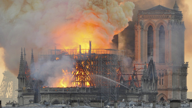 The fire destroyed Notre-Dame's spire and its roof but spared its twin medieval bell towers.