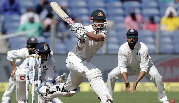 Matt Renshaw reverse sweeps in Pune in Australia’s 2017 victory.