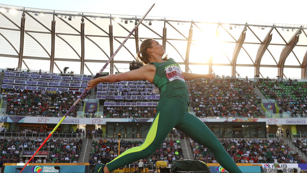 Australian Kelsey-Lee Barber became the first woman ever to defend the world javelin title.