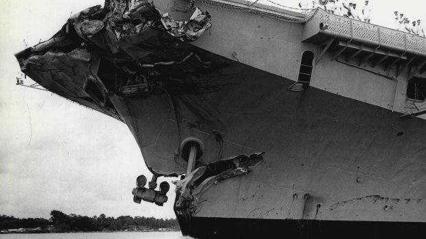 HMAS Melbourne showing the damaged bow after the collision.