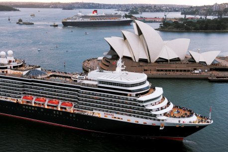 Blog_QM2 and Queen Elizabeth in Sydney Harbour Tuesday 22nd February 2011 ? Sydney Harbour, Australia - Sydney Welcomes Queen Elizabeth and Queen Mary 2 on Royal Rendezvous on Maiden World Voyage; Cunard?s newest ocean liner, Queen Elizabeth, arrived in Sydney for the first time this morning, following her larger sister, Queen Mary 2, into Sydney Harbour in another historic Royal Rendezvous. This morning?s visit marks the first time two Cunard liners had ever arrived together in Sydney Harbour. It also recalls an earlier Royal Rendezvous when the original Queen Mary and Queen Elizabeth ? both then World War II troop ships ? passed each other at Sydney Heads on April 9, 1941. Stretching 294 metres in length and wearing Cunard?s classic red and black livery, the 90,900-tonne Queen Elizabeth met Queen Mary 2 outside Sydney Heads before 5.30am before following her sister into the Harbour and berthing at the Overseas Passenger Terminal at around 7am. Both midway through their world voyages, the spectacular Queen Elizabeth sailed in from New Zealand while the majestic Queen Mary 2 arrived from Adelaide. Launched by Her Majesty The Queen in October last year, the elegant Queen Elizabeth is carrying around 2000 guests and almost 1000 crew on her 103-night world voyage. The joint visit of Queen Elizabeth and Queen Mary 2 is expected to generate close to $3 million for the Sydney economy. str24-cruisedirec