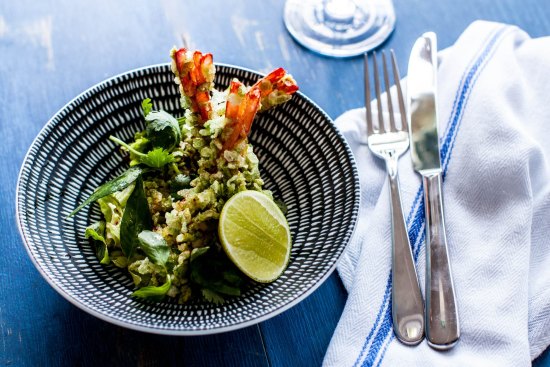 Green rice crumbed prawns with chilli & ginger pickle salad.