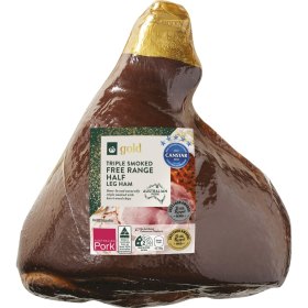 Woolworths Gold free-range triple-smoked half-leg ham.