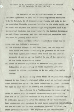 The first page of the statement by the Chargé d'Affaires of the USSR in Britain regarding the Arcos raid.