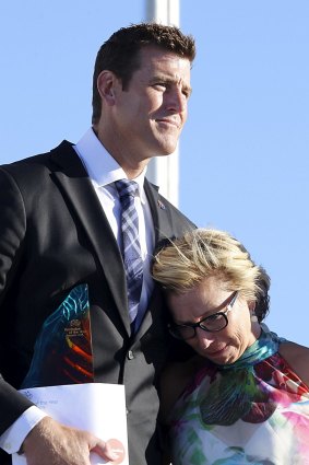 Rosie Batty, having just been announced as 2015 Australian of the Year, with Ben Roberts-Smith, then Chair of the National Australia Day Council.