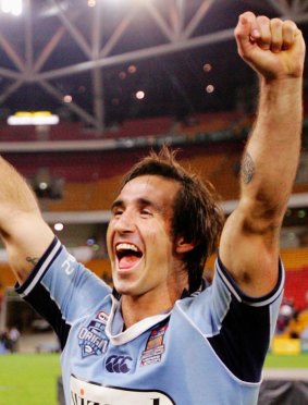 Andrew Johns celebrates his career-defining 2005 Origin series victory for NSW.