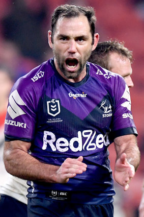 Cameron Smith celebrates kicking the winning goal for the Storm.
