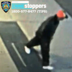 Image from NYC Police Department surveillance video shows a person police are looking for after a 61-year-old Asian man was viciously attacked. 