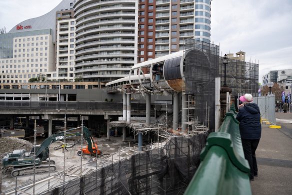 The former Harbourside Shopping Centre and Monorail station being demolished in Darling Harbour in June 2023.