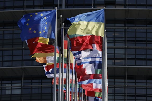 Flags of European Union member countries that met in Brussels this week.