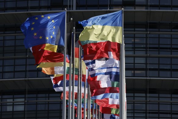 Flags of European Union member countries that met in Brussels this week.