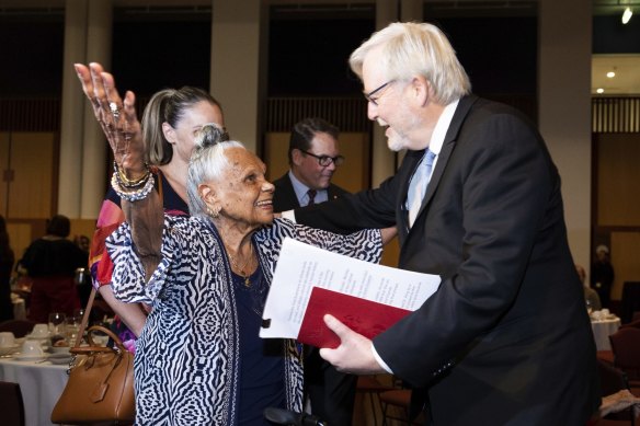 Arabana elder Aunty Martha Watts and former prime minister Kevin Rudd during last year’s anniversary breakfast for the apology.