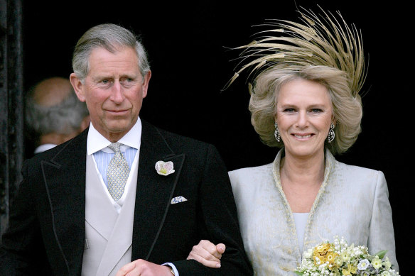 Prince Charles and Camilla, Duchess of Cornwall, leave St George’s Chapel in Windsor on April 9, 2005.