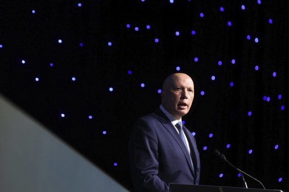 Minister for Defence Peter Dutton during his address to the Air and Space Power Conference at the National Convention Centre in Canberra last Tuesday.
