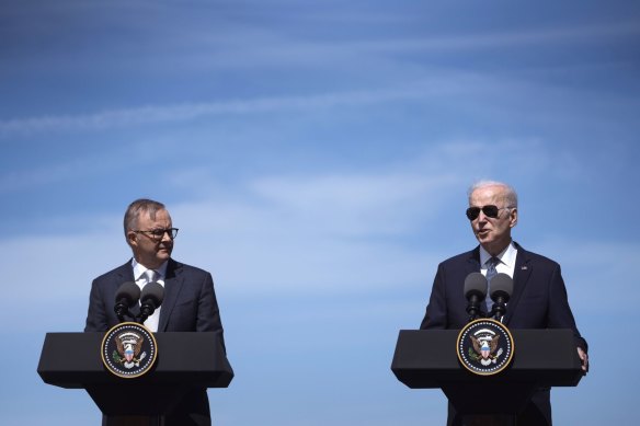 Anthony Albanese with US President Joe Biden at last week’s AUKUS submarine announcement in San Diego.
