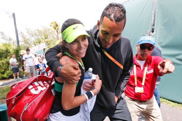 Back in the day: Ajla Tomljanovic and Nick Kyrgios share a moment together at the Miami Open in 2017.