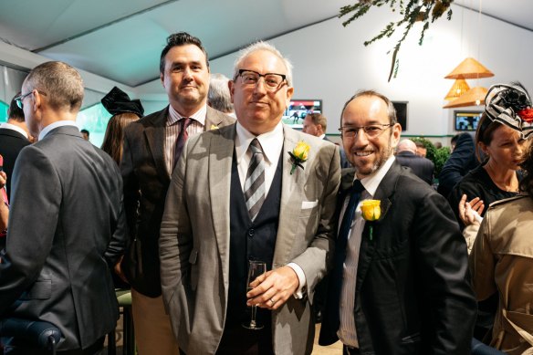 Left to right: Aristocrat executive Anthony Ball, Liberal Party strategist Yaron Finkelstein and then-CEO of ClubsNSW Josh Landis at the 2022 Melbourne Cup.