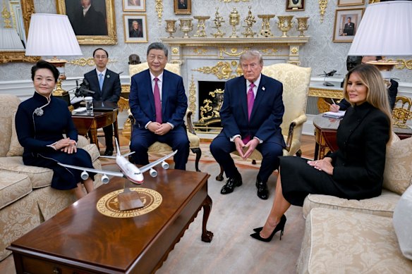 The presidents and their wives sat in the Oval Office ahead of the bilateral meeting.
