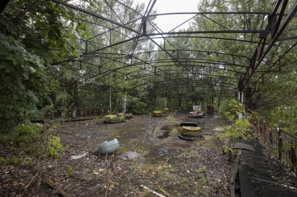 A playground is seen in Pripyat, a ghost city since the 1986 nuclear disaster at Chernobyl, three kilometres away.