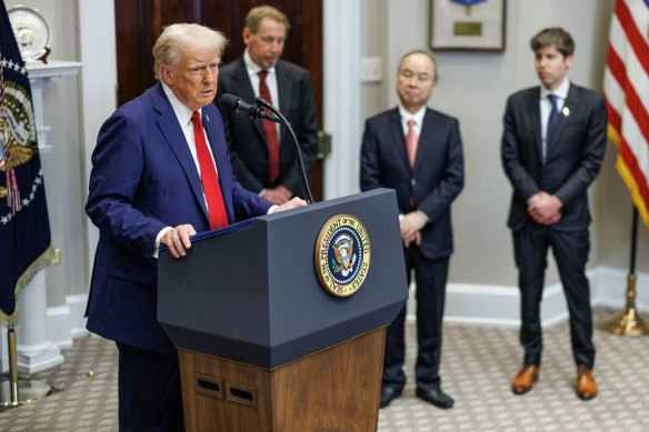 Donald Trump with Oracle’s Larry Ellison, Softbank’s Masayoshi Son and Sam Altman of OpenAI.