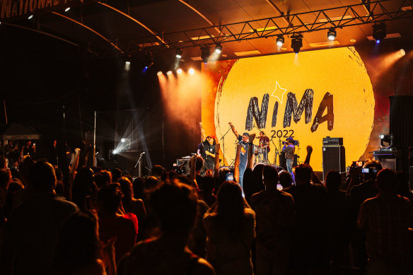 Rapper Birdz and Butchulla songman Fred Leone perform at the National Indigenous Music Awards 2022.