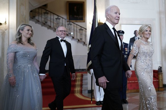 Then-US president Joe Biden and first lady Jill Biden (right) with Anthony Albanese and Jodie Haydon in the White House in October 2023. 