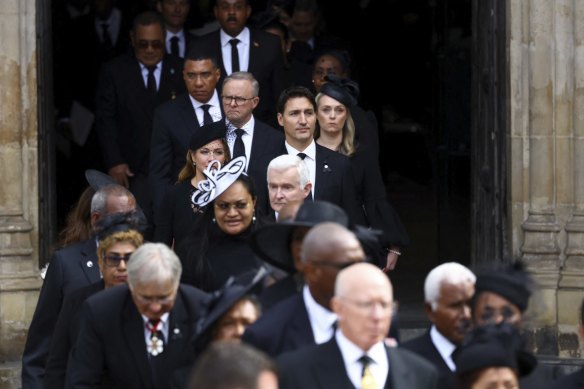 Prime Minister Anthony Albanese with Jodie Haydon, Canada’s Prime Minister Justin Trudeau and his wife Sophie Trudeau leave Westminster Abbey.