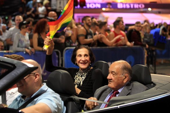 NSW Governor Marie Bashir with partner Nick Shehadie during the Mardi Gras parade, 2015.