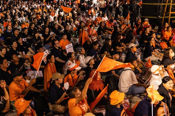 Supporters at the Move Forward Party headquarters in Bangkok on Wednesday.