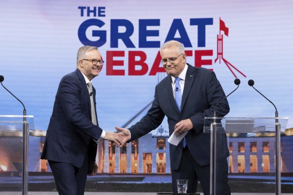 That’s all folks . . . Anthony Albanese and Scott Morrison shake hands at the end of the second leaders’ debate.
