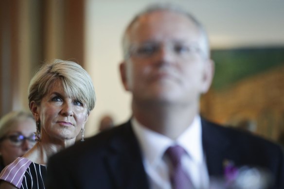 Julie Bishop and former prime minister Scott Morrison during the launch of International Women’s Day 2019 at Parliament House.