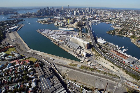 The government is forging ahead with plans to redevelop White Bay (left) Glebe Island (centre) and Blackwattle Bay (right).