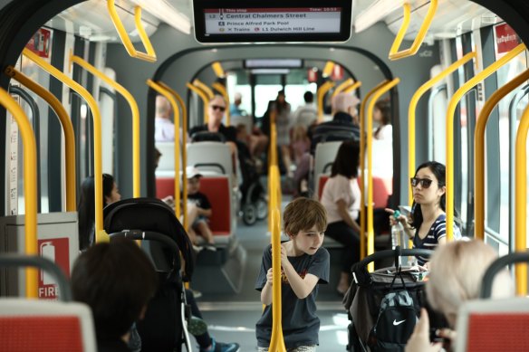 Commuters try the light rail for the first time from Randwick to Circular Quay in Sydney in December 2019. 