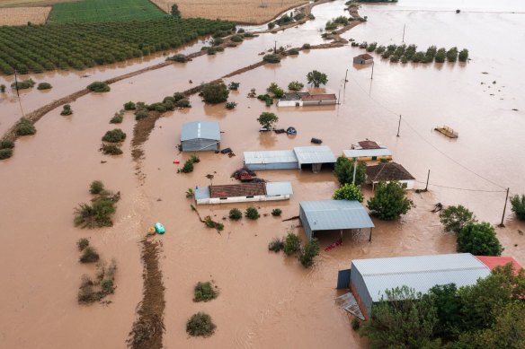 Buildings submerged by floodwaters following Storm Daniel in rural Greece.