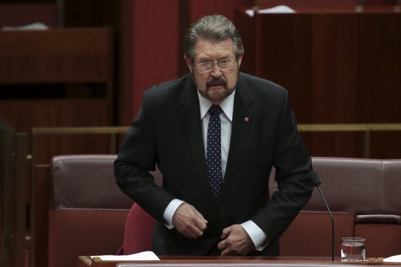 Derryn Hinch in the Senate at Parliament House in Canberra in 2019.