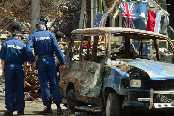 Members of Australian Forensic team investigate the site of the nightclub bombing in Kuta, Bali in 2002.