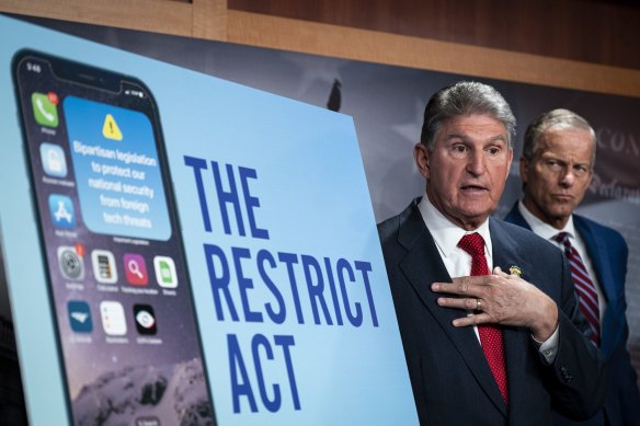 Senator Joe Manchin, a Democrat from West Virginia, speaks during a news conference at the US Capitol on Tuesday. The White House is endorsing a new bill to deal with national security risks posed by TikTok and other foreign apps.