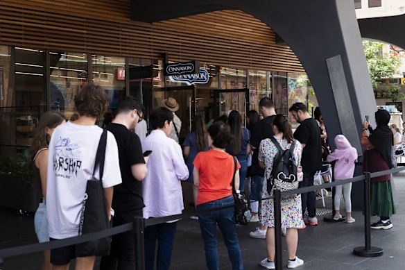 Embarrassing: People queue for Cinnabon in Sydney upon its opening in 2022. 