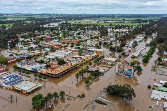 Floodwaters in the central Victorian town of Rochester in October 2022.