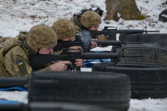 Cadets undergo training with American Colt M16A4 assault rifles at the Taras Shevchenko Military Institute in Kyiv region, Ukraine.