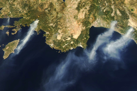 Visible from space: wildfires burn near the southern coast of Turkey. 