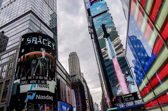 Elon Musk on screen during SpaceX’s IPO in New York on Friday.